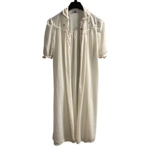 Vintage Miss Siren Robe Womens S White Sheer Nylon Floral Embroidered Collar